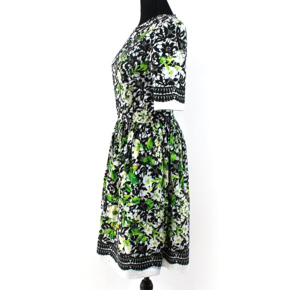 Oscar de la Renta Cotton Poplin Black White Green Floral A-Line Dress 4 - Picture 4 of 8